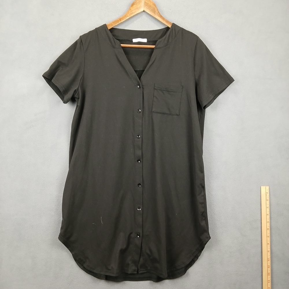 Ekouaer Tunic Top Womens Medium Black V‎ Neck Pleated Button Front Curved Hem